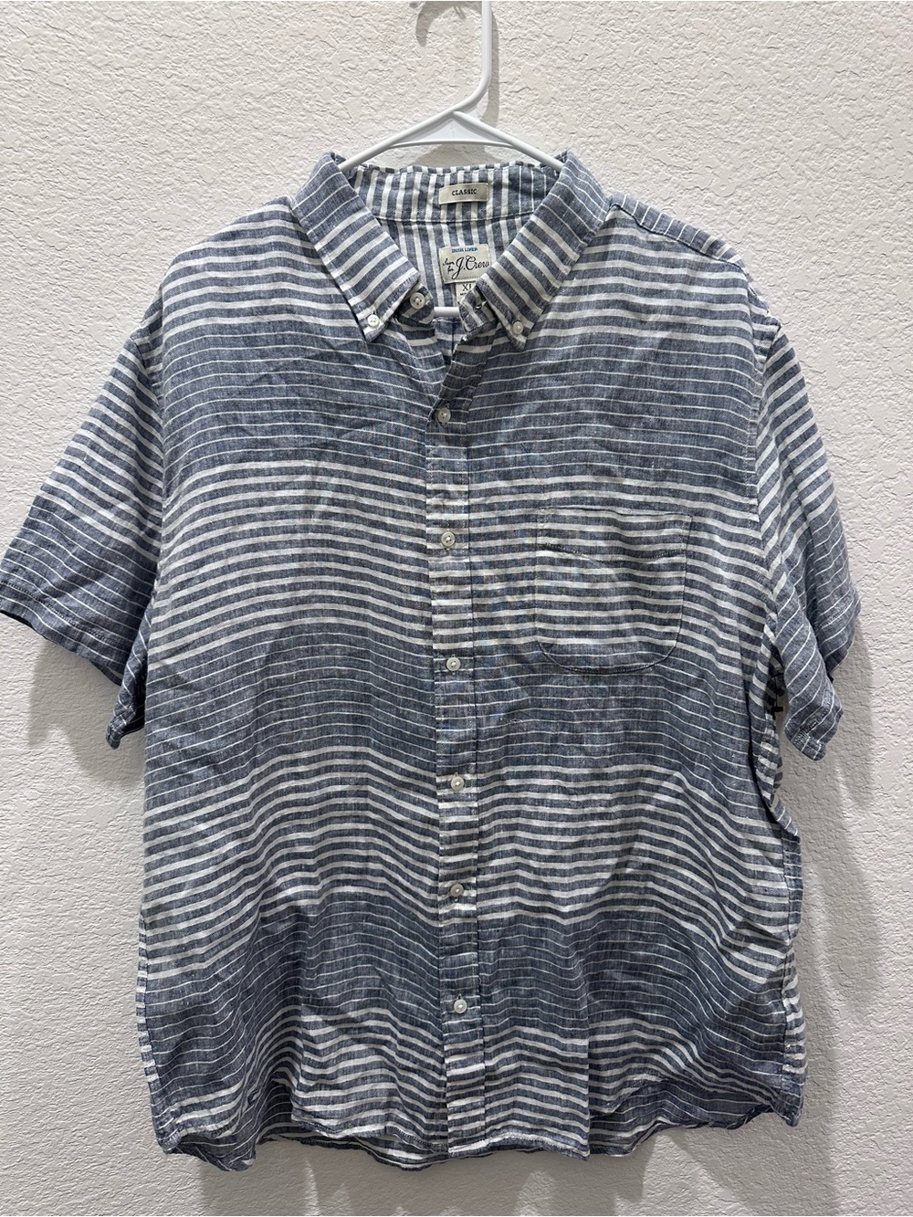 J. Crew Navy and White Striped Irish linen Short-Sleeve Button-Down‎ Shirt